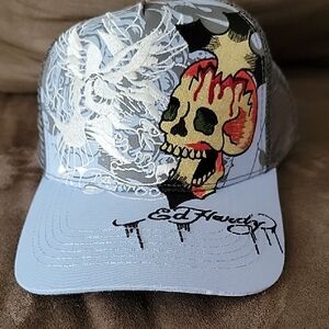 Ed Hardy Light Blue Cap with Skull and Flame Design